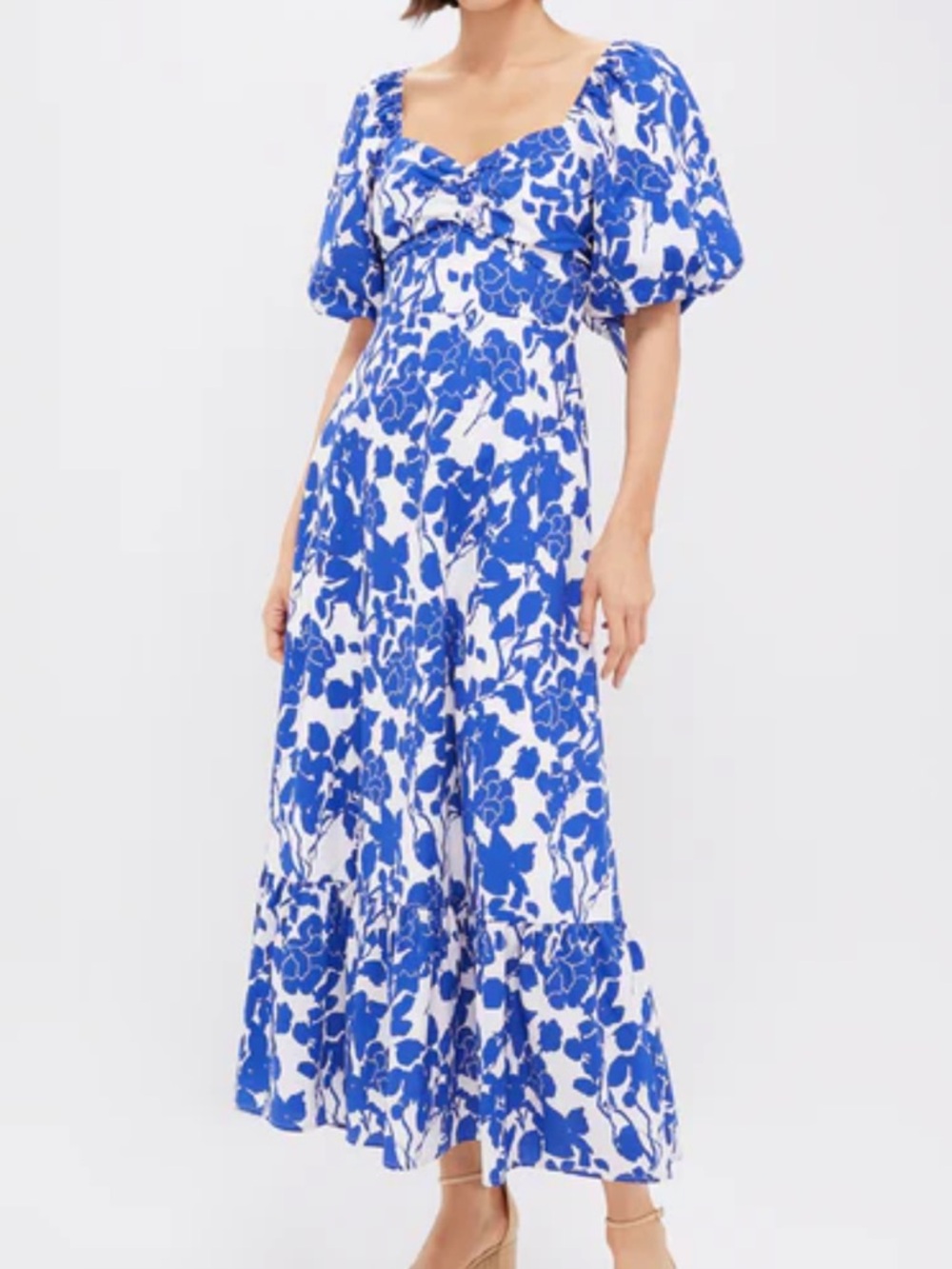 Blue Floral Puff-Sleeve Midi Dress - Elegant Summer Style